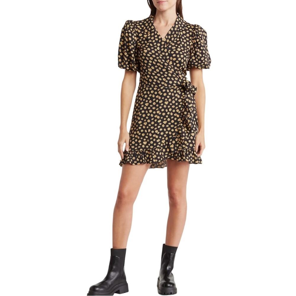We Wore What Black Ditsy Daisy Yellow Floral Puff Sleeve Wrap Mini Dress Medium